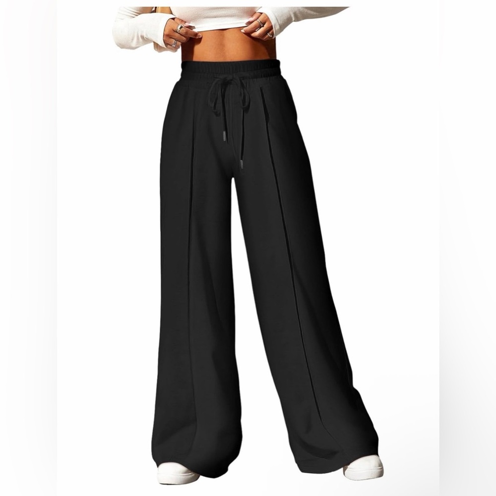 Black Wide-Leg WHITE Drawstring Women's Pants